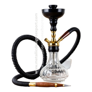 Elegant Hookah with Diamond-Cut Glass Base, Gold Metal Stem, Black Ceramic Bowl, and Wood-Tipped Hose Premium Set - Product Image 2