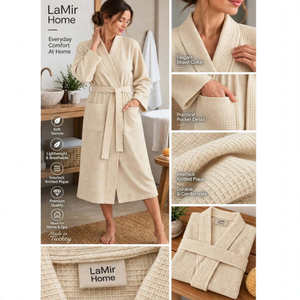 Bata de Baño Unisex de Algodón 100% con Tejido Interlock Piqué Waffle, Premium para Hotel y Spa, Hecha en Turquía - Beige - Product Image 4