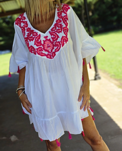 Bohemian Elegant Women's 100% Cotton Embroidery Eco-Friendly Floral Sleeveless Mini Summer <b>Kaftan</b> <b>Dress</b> - Product Image 4