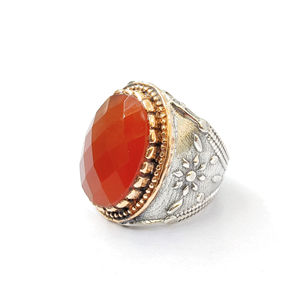 Antique Textured Band 925 Silver 12.9 Grams Signet <b>Ring</b> With <b>Large</b> Carnelian Vintage Style Jewelry Handmade Collection - Product Image 1
