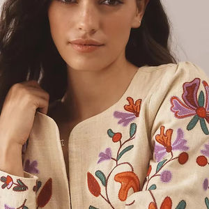 Boho Floral Embroidered Dyed Cotton Suzani Anti-Wrinkle Autumn <b>Jacket</b> <b>Women</b> Long <b>Sleeve</b> Ethnic Style <b>Short</b> Coat Windproof - Product Image 1