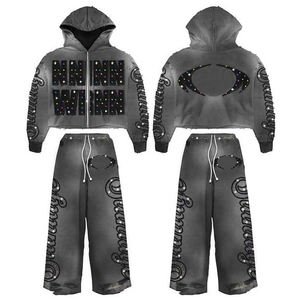 Conjunto Deportivo de Otoño, Oversize, Felpa Gruesa, Ecológico, Lavado Ácido, Estampado, Sudadera con Capucha y Pantalones Vintage, Parche de Llama, Pedrería - Product Image 2