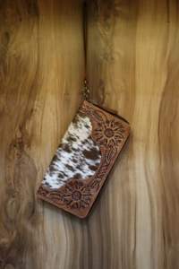 Western Style Hair on Hide Tooled Fur Leather Wristlet Clutch Women Designed <b>Purse</b> Hot Selling Tooled Leather Zipper <b>Wallet</b> - Product Image 3