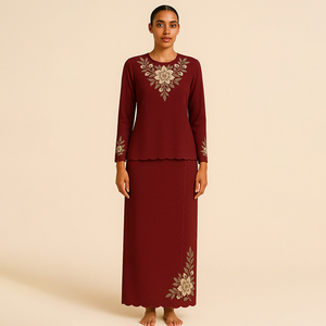 Ensemble deux pièces modeste Baju Kurung fait à la main broderie florale Style solide respirant grande taille Abaya pour les mariages Ramadan Eid - Product Image 1
