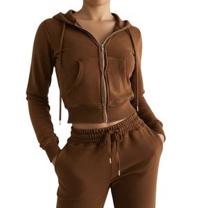 Vente en gros de sweat-shirt à capuche court à manches longues en denim délavé d'hiver avec cordon de serrage Pantalon personnalisé avec logo Femme Streetwear décontracté haut court pour femme 2026 - Product Image 4