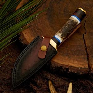 Cuchillo de Caza y Camping de Acero de Damasco Hecho a Mano, Personalizable, con Mango de Cuerno de Ciervo, Hoja Fija, Funda de Cuero, OEM - Product Image 5
