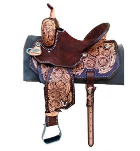 Selle de barrel racing en cuir véritable de style western, sculptée à la main avec motifs floraux, de qualité supérieure, conçue pour la performance au rodéo. |   Équipement de Rodeo - Product Image 1