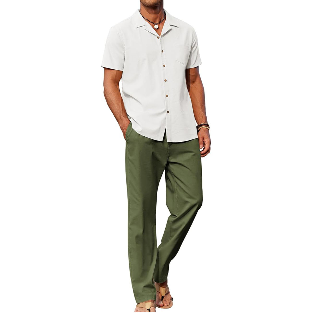 White ShirtArmy Green Pants