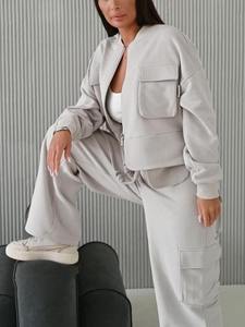 <b>Women's</b> Cotton Gray Tracksuit | Oversized Beige Sweatshirt & Flat Front Cargo Joggers | Summer Two-Piece Unisex Outfit - Product Image 6