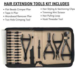 Kit d'outils pour extensions capillaires avec pince à bandes adhésives, outil de pose et de retrait de micro-liens, pince à sertir plate, crochet de tirage et 24 clips - Product Image 2