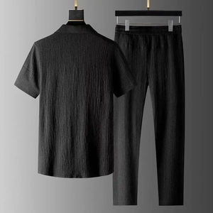 Trajes de invierno de dos piezas para hombre, chándal, Tops de manga corta, pantalones largos, Polo informal de Color sólido, cuello de solapa, botón transpirable - Product Image 6