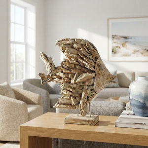 Sculpture artisanale de poisson dory en bois flotté, statue nautique rustique en teck sculpté, avec base en bois, pour décoration de table ou d'appoint. - Product Image 2
