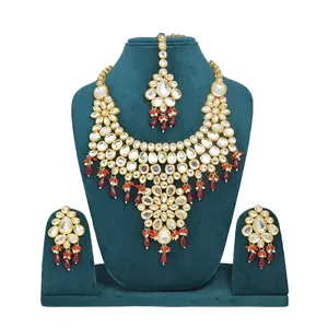 Ensemble de collier de mariée en Kundan plaqué or 24 carats pour femmes et filles, bijoux fins avec zircon pour mariage - Product Image 1