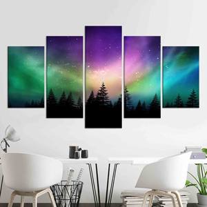 ภาพพิมพ์บนผ้าใบออโรร่า บอเรลลิส:ภาพเงาในป่า, ศิลปะติดผนังท้องฟ้าเต็มไปด้วยดวงดาว, ชุดผ้าใบ 5 ชิ้น - Product Image 1