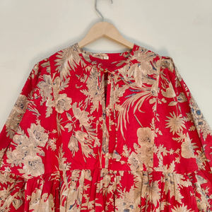 Vestido Largo Bohemio de Algodón con Estampado Floral Rojo, Cuello en V, Manga Larga, para Fiestas de Verano, Ropa Casual - Product Image 1