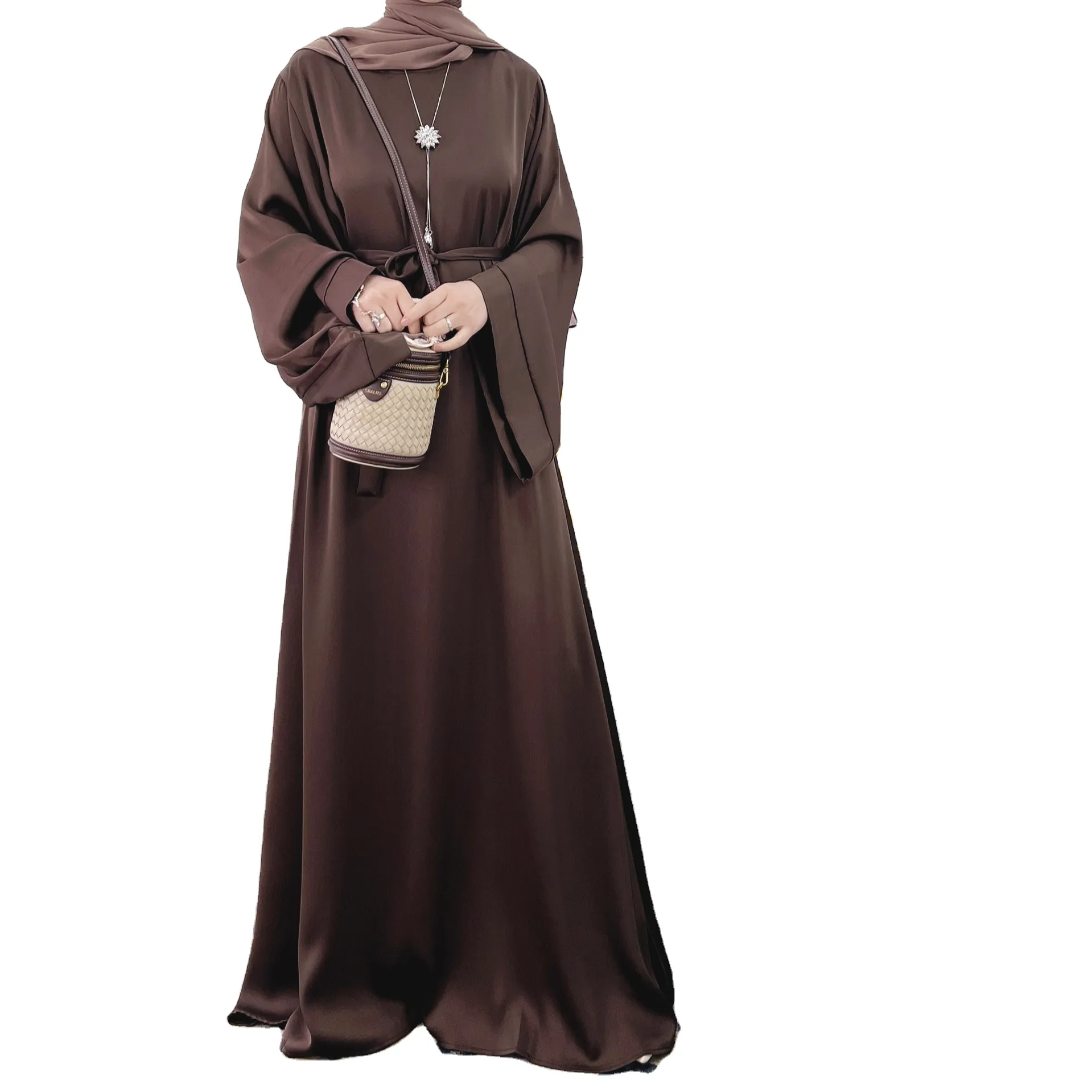 ตุรกีสีทึบเรียบง่ายเจียมเนื้อเจียมตัว Kaftan เสื้อผ้าอิสลาม Abaya ชุดมุสลิมสไตล์ตุรกี Abaya เข็มขัดเอวสีทึบย้อม