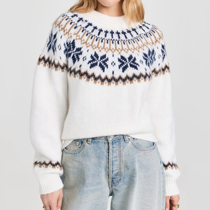 Suéter Festivo de Punto Jacquard con Diseño Fair Isle, Cuello Redondo, Abrigado para Invierno, Mezcla de Lana, Clásico con Copos de Nieve para Mujer - Product Image 1