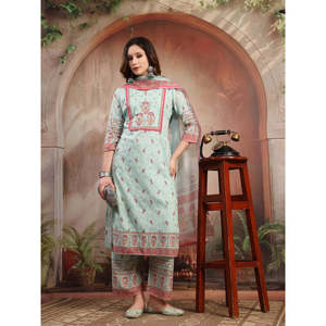 ชุดคุรตะผ้าฝ้ายพิมพ์ลายสีเขียวสำหรับผู้หญิง พร้อมผ้าคลุมไหล่ ผ้าเน็ตสไตล์ปากีสถาน-อินเดีย สำหรับงานพิธีกรรมและงานปาร์ตี้ - Product Image 4