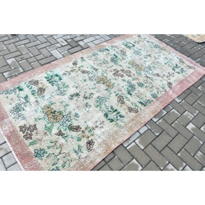 Turkish Vintage Rug, 4.1x7.7 ft Area Rug, Green <b>Brown</b> Solid <b>Wool</b> Rug - Product Image 2