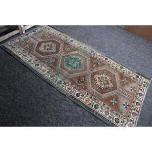 Rug Vintage Rug, 7.3x3.4 ft Turkish Rug, <b>Brown</b> Geometric <b>Wool</b> Rug - Product Image 3