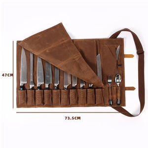 Custom Heavy Duty Brown <b>Waxed</b> <b>Canvas</b> Leather Chef Knife Roll Up Bag LCKR-0028 - Product Image 3