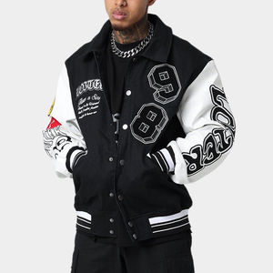 แจ็กเก็ตเบสบอลผ้าฟลีซแขนหนังแท้สีดำปักด้วยกำมะหยี่สไตล์ฤดูหนาวงานตามสั่ง - Product Image 1