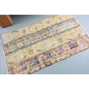 Tapis en laine turque vintage de 2.8x4,6 pieds, tissage plat patchwork beige et bleu pour décorations de salon avec support en latex - Product Image 2