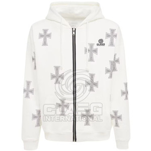 Rhinestone Embroidered Solid Zipper Hoodie Custom Logo High Quality 100% Cotton for Men - Product Image 1