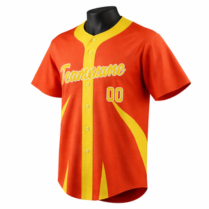 เสื้อเบสบอลสีส้มเหลืองแบบกำหนดเอง ปักชื่อทีมและหมายเลข พร้อมกระดุมเต็มตัว ชุดเบสบอลแบบซับลิเมชั่น - Product Image 5