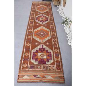 Tapis turc vintage de grande surface, classique, brun orange, patchwork, écologique, poil moyen, 2,8 x 11,6 pieds, en laine, avec support en latex - Product Image 1