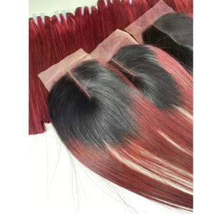 2024 Timehair Bourgogne BoneStraight Dentelle Fermeture Transparent 100% Densité Lisse Soyeux Remy Extensions de Cheveux Humains Trame Plate 8-40 - Product Image 1