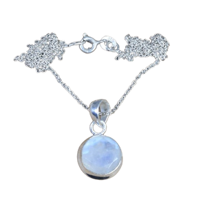 Pendentif en chaîne de pierres précieuses Cadeau pour elle Pierre de lune arc-en-ciel Pendentif en argent sterling 925 de forme ronde Mois de juin Pierre de naissance - Product Image 1