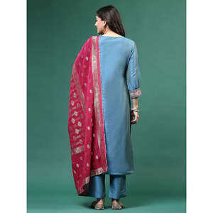 Women's Blue <b>Silk</b> Embroidery Anarkali <b>Kurta</b> Pant with Dupatta Indian Salwar Kameez Pakistani Style for Party Wear - Product Image 3