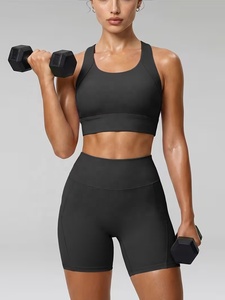 Conjunto de Yoga de 2 Piezas Negro, Top Corto Deportivo con Espalda Cruzada y Pantalones Cortos de Cintura Alta con Bolsillos, Ropa Deportiva Elástica en 4 Direcciones sin Costuras - Product Image 5