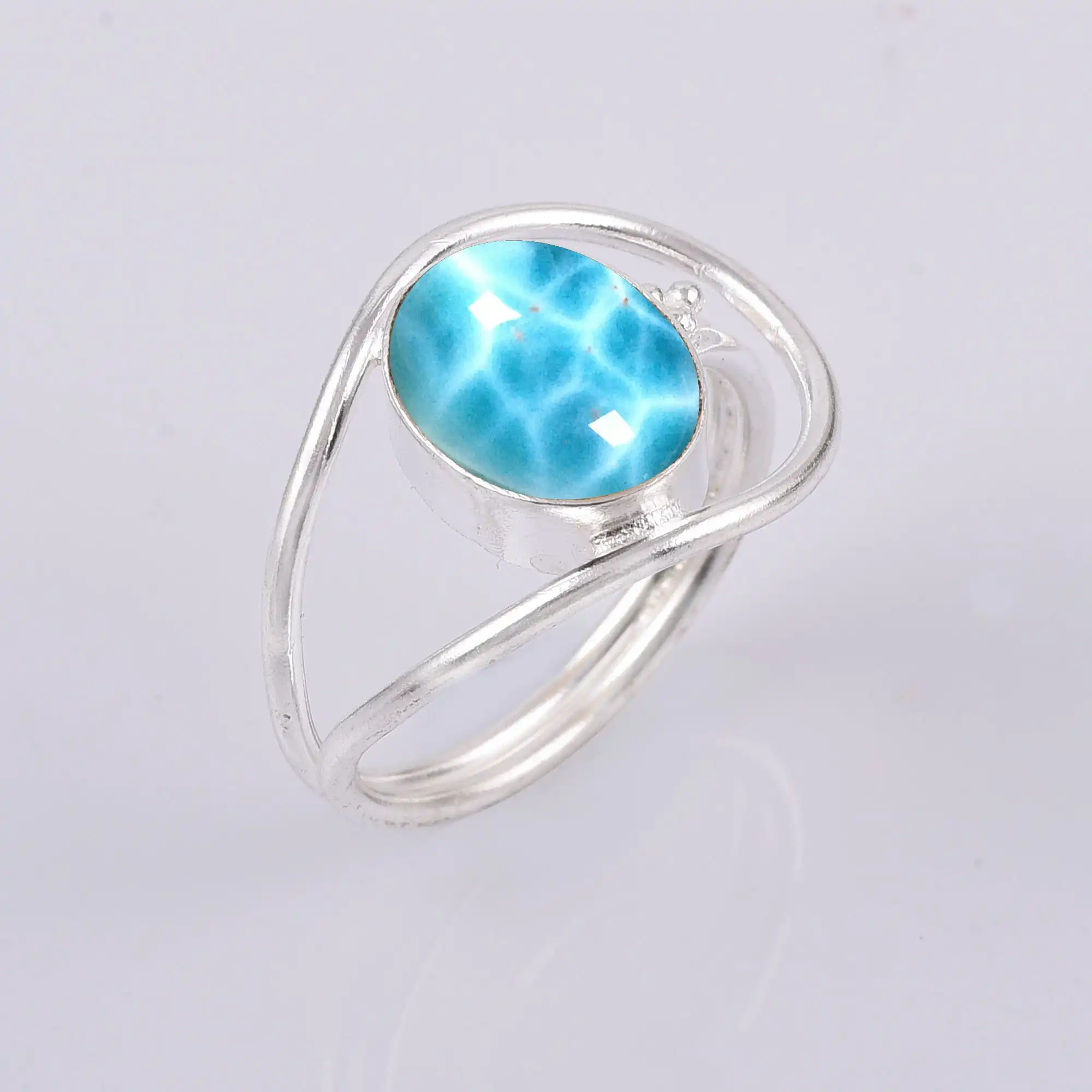 Natural Larimar Blue Gemstone Ring 925 Sterling Silver Filigree Stacking Ring Oval Shape March Genuine Birthstone Gift For Her.