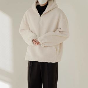 เสื้อฮู้ดขนแกะขั้วโลกหนาแบบคู่สำหรับผู้ชายเสื้อแจ็คเก็ตมีฮู้ดแนวเรโทรลำลองเปิดไหล่ตกครึ่งซิป - Product Image 4