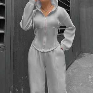 Conjunto de ropa de descanso ligera de dos piezas Y2K para mujer Logo personalizado Chándales sólidos de longitud completa Sudadera con capucha con paneles Cremallera de gran tamaño - Product Image 2