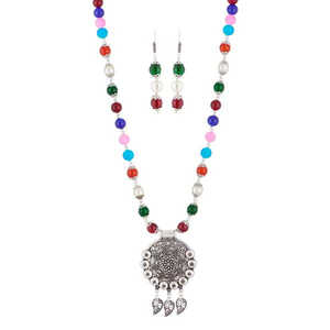 Ensemble de collier de perles multicolores de style bohème Urthn plaqué rhodium motif de feuille en acier inoxydable Zircon ensemble de boucles d'oreilles fines-1111304 - Product Image 1