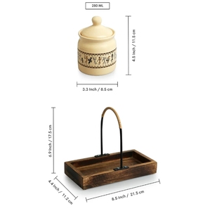 Art Of Warli Juego de tarros de chutney y pepinillos de cerámica multiusos con bandeja de madera Juego no hermético de 2 ollas de condimentos de cerámica - Product Image 6
