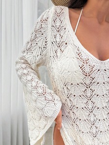 Women's Long Sleeve Crochet Cover Up, Lightweight Knee Length Mesh Beach <b>Dress</b> with wide Neck Slit, Perfect for Travel L/XL - Product Image 6