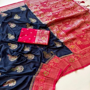 VASTRA COTTAGE Saree de Georgette Khadi Puro con Tejido Jacquard Antiguo Zari Meena Butta, Pallu Rico y Teñido a Mano, Prenda de Diseño - Product Image 4