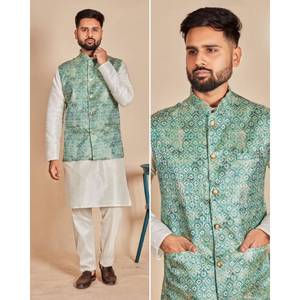 À la mode indien Kurta pyjama gilet veste Banarasi Jequard imprimé pour hommes mariages indiens porter Kurta Koti pyjama ensemble ethnique - Product Image 1
