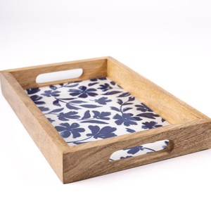 Plateau de service en bois bleu Art Déco à motif floral, idéal pour les occasions de mariage, multifonctionnel - Product Image 2