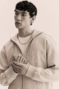 Sweat à capuche ample pour homme en coton et polyester gris chiné à manches longues avec cordon de serrage et capuche poches latérales - Product Image 6