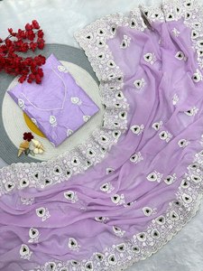 Partout Broderie Lourde & 3MM Séquence Travail Fancy Cut Border Pure Silk Fabric Saree With Running Blouse Piece From Surat Online - Product Image 4