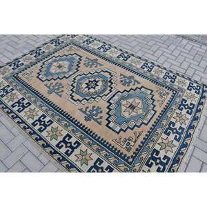 Étnico 5,7 X 7.6ft Azul Beige Lana Poliéster Alfombra turca Hecho a mano Clásico Rectángulo Patchwork Diseño Respaldo de látex para la vida - Product Image 4
