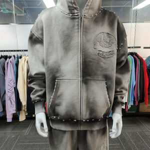 OEM Custom Men's Acid Wash Streetwear Tracksuit Heavyweight Zip-Up Hoodie Sweatpants Set Distressed <b>Applique</b> <b>Patch</b> Printed - Product Image 3