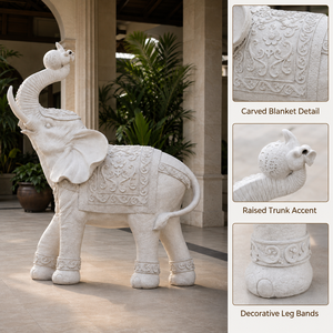 Statua di <span class=keywords><strong>Elefante</strong></span> in Resina Bianca Personalizzata con Tronco Sollevato e Coperta Intagliata per Decorazione di Casa, Hotel e Villa - Product Image 3