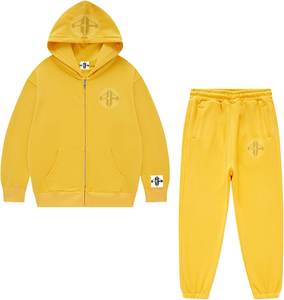 Personalizado de dos piezas 100% algodón polar Oversize chándal bordado cadena Sudadera con capucha Flare pantalones de chándal de talla grande invierno con capucha sudor - Product Image 6