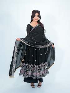 Designer Intricate Thread With Sequence Work Fandy Silk Anarkali <b>Top</b> With Bottom And Dupatta Fully Stitched Ready To Wear Set - Product Image 1